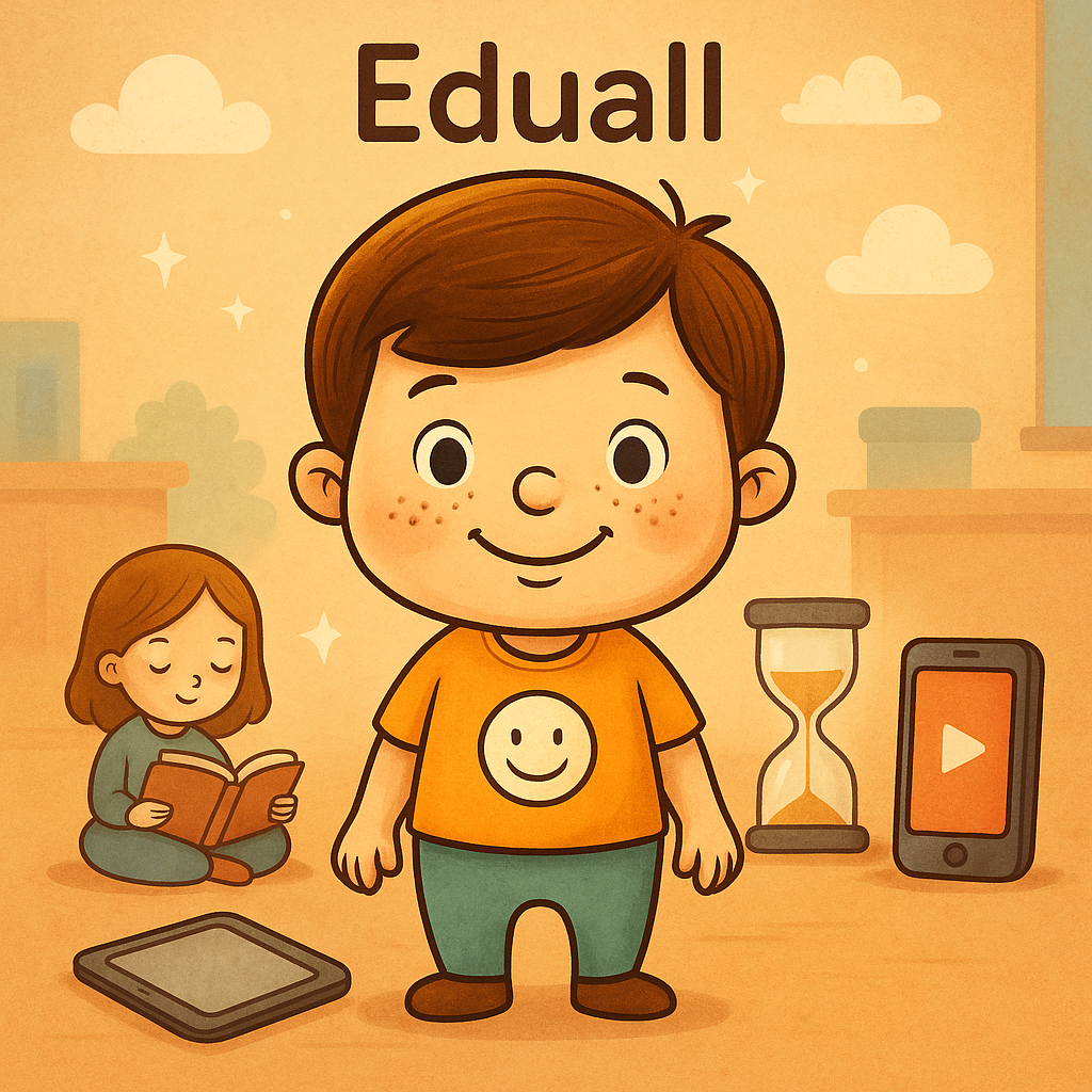 Ilustrovaný chlapeček Edáček ve žlutém tričku s veselým obličejem, stojící na bílém pozadí jako součást článku o budování trpělivosti u dětí