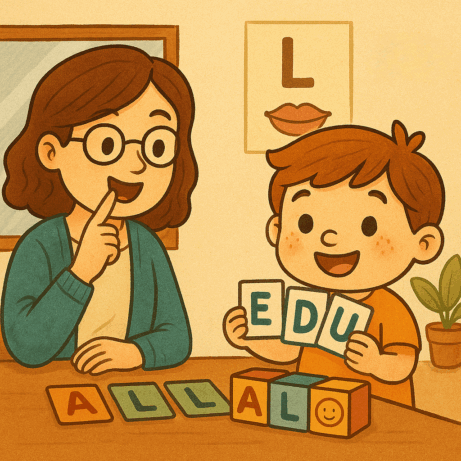 Ilustrační obrázek logopedky s dítětem při nácviku správné výslovnosti, s nápisem Edual