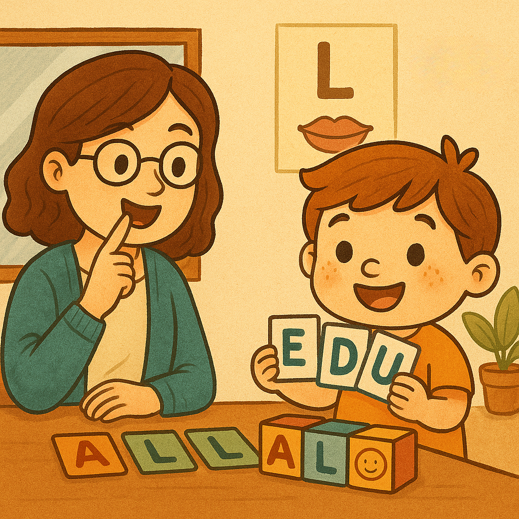 Ilustrační obrázek logopedky s dítětem při nácviku správné výslovnosti, s nápisem Edual