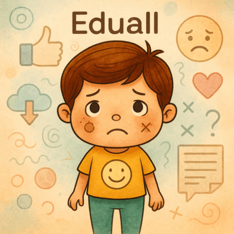 „Ilustrace Edáčka, kreslené postavičky chlapce s hnědými vlasy, zelenými kalhotami a tričkem s logem Eduall, na bílém pozadí, vhodná pro článek o pubertě a dospívání“