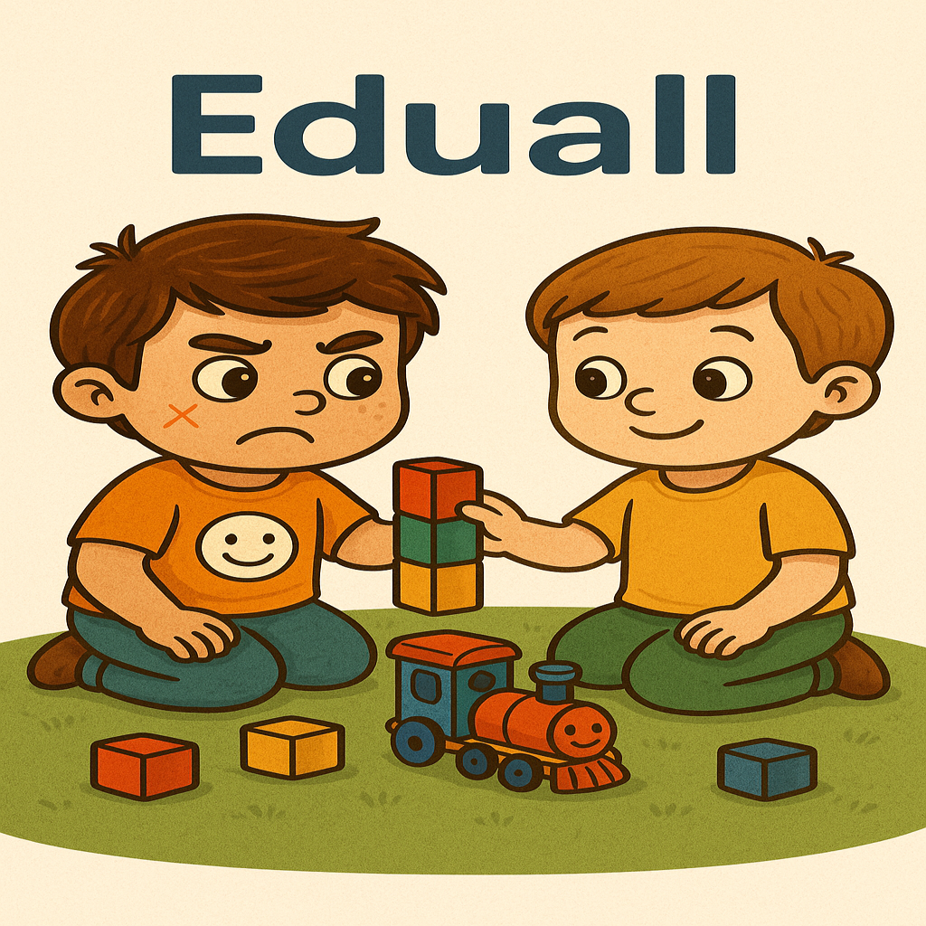 Ilustrace Eduall – Eduaček a další postava při hře, znázorňující hru dětí s poruchou autistického spektra.