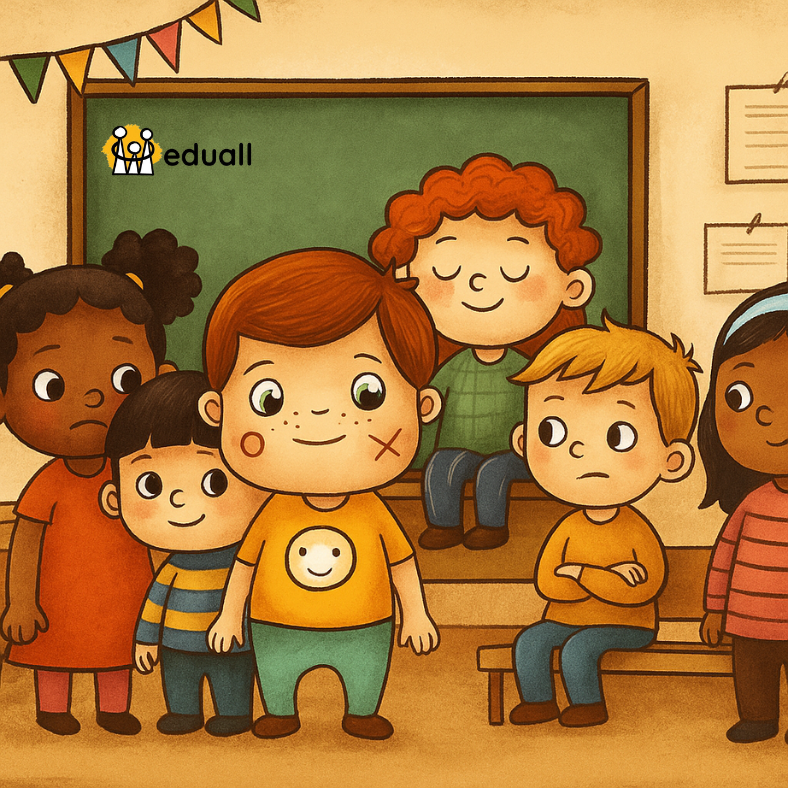 Ilustrace skupiny různorodých dětí ve školní třídě s postavičkou Edáčka uprostřed