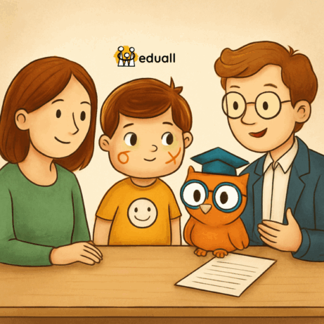 Ilustrace chlapce s rodičem, učitelem a maskotem Edáčkem během rozhovoru o podpoře dítěte se speciálními vzdělávacími potřebami.