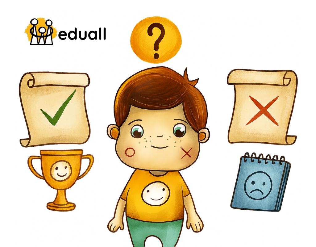 Ilustrace maskota Edáčka s vyobrazením odměny a trestu jako symbolického kontrastu pro článek o dětské motivaci