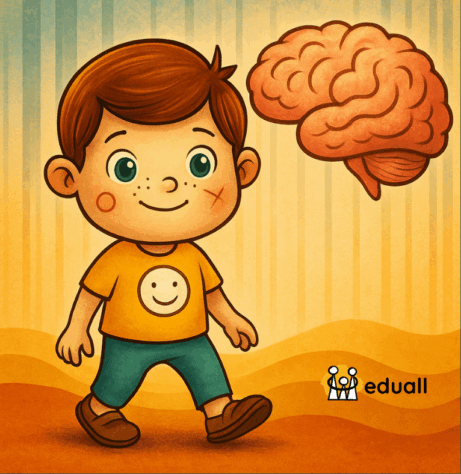 Ilustrovaný chlapeček Edáček ve barefoot botách spojený tenkou linií s mozkem – symbol propojení pohybu, chůze a vývoje mozku u dětí.