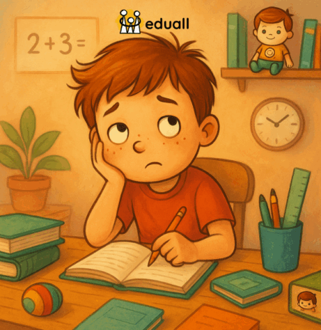 Chlapec s neklidným výrazem sedí u stolu a snaží se soustředit na domácí úkol, v pozadí je pokoj s hračkami a plyšák Edáček na poličce