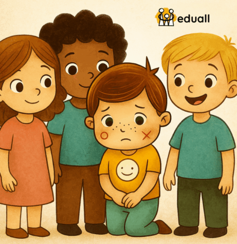 Ilustrace plachého chlapce Edáčka klečícího uprostřed skupiny dětí, která ho přátelsky obklopuje.