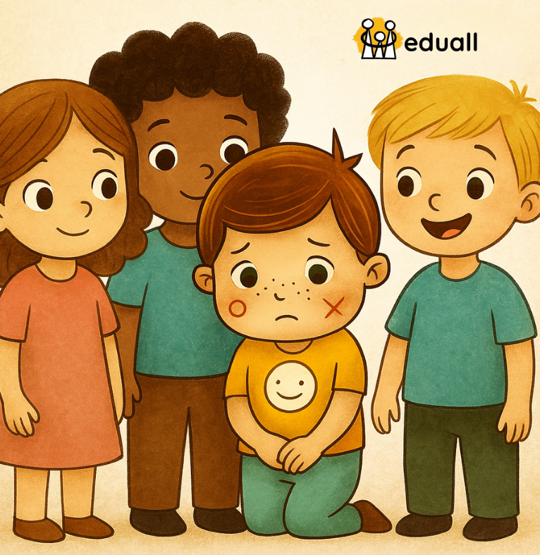 Ilustrace plachého chlapce Edáčka klečícího uprostřed skupiny dětí, která ho přátelsky obklopuje.