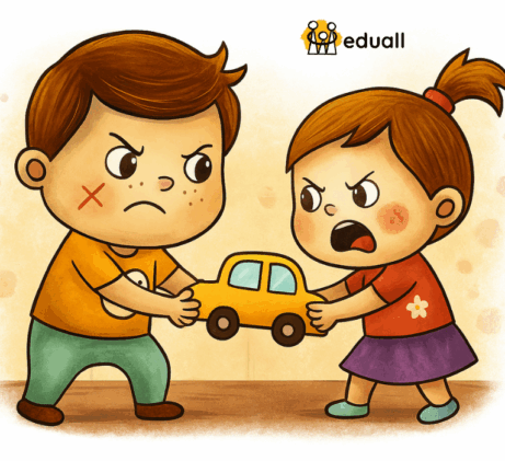 Ilustrace Edáčka a jeho sestry, jak se hádají o žluté autíčko – sourozenecký konflikt o hračku.