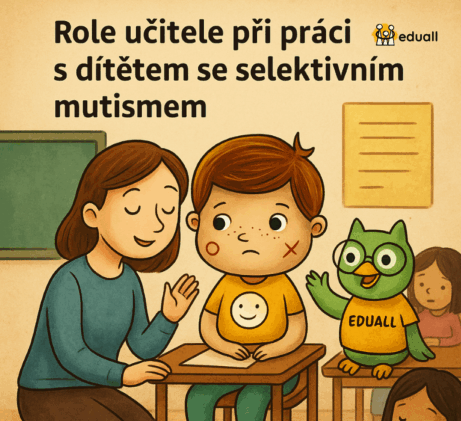 Ilustrace učitelky, která podporuje dítě se selektivním mutismem ve třídě, vedle maskota Eduall Edačka.