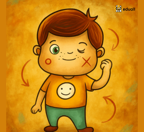 Ilustrační obrázek chlapce s tiky – Edáček jako postava symbolizující dítě s Touretteovým syndromem.