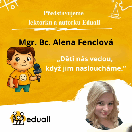 Portrét lektorky Aleny Fenclové vedle kresleného maskota Edáčka s mikrofonem Eduall, doplněné logem Eduall a textem „Představujeme lektora: Alena Fenclová“