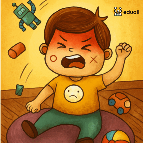 Ilustrace rozzlobeného chlapce sedícího na koberci, který hází hračky po pokoji. Emoce vzteku znázorněna rudým obličejem a výrazem hněvu.