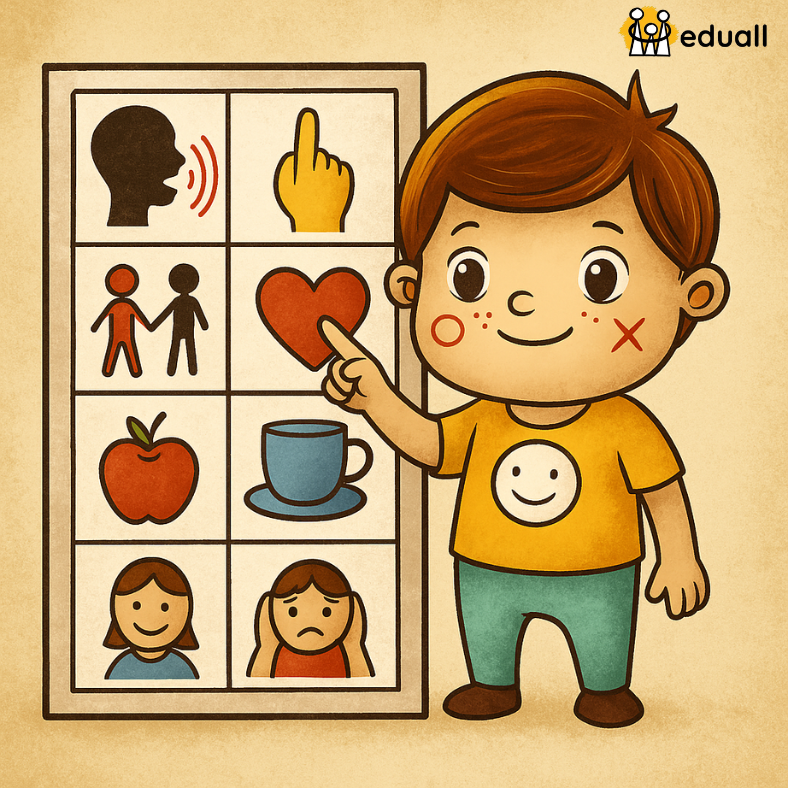 Ilustrace chlapce jménem Edáček ukazujícího na alternativní komunikační tabulku s obrázky pro vyjádření emocí a potřeb.