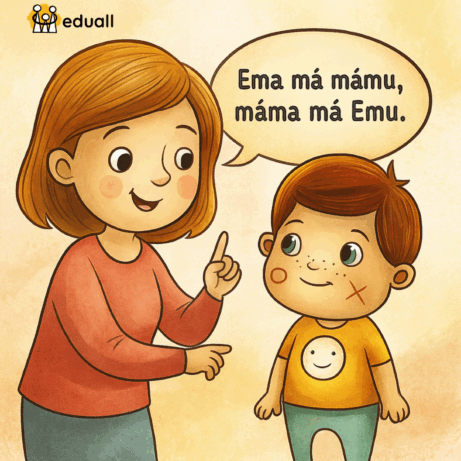 Učitelka učí chlapce říkanku „Ema má mámu, máma má Emu“, ilustrace stimuluje rozvoj fonematického sluchu u dětí v předškolním věku.