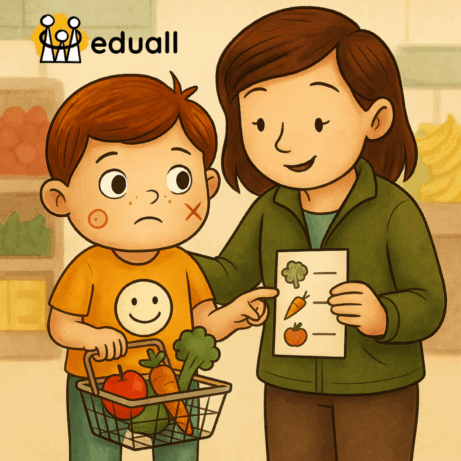 Chlapec s PAS nakupuje se svou paní učitelkou v obchodě, drží košík se zeleninou a učitelka mu pomáhá podle obrázkového seznamu.