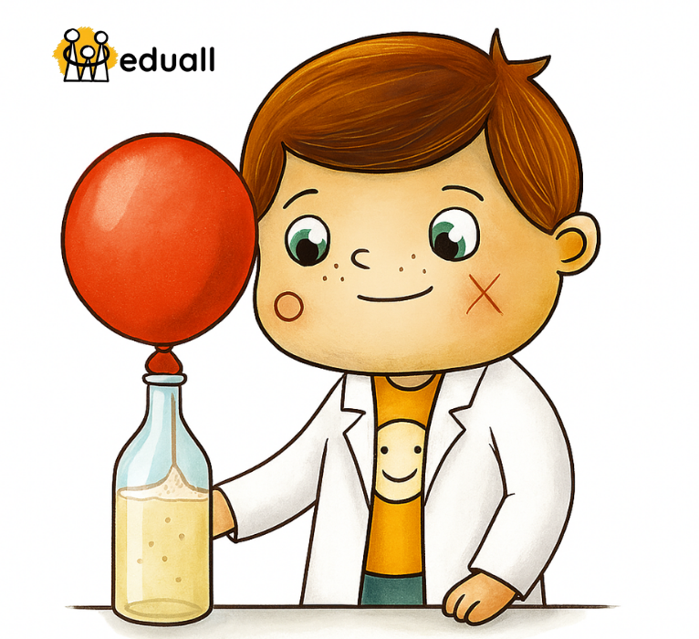 Ilustrace postavičky Edáčka v bílém plášti, jak provádí vědecký pokus s nafukovacím balónkem pomocí octa a jedlé sody.