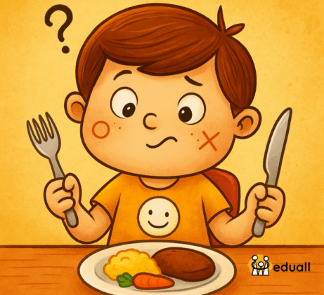 Ilustrace chlapce Edáčka, jak sedí u jídelního stolu a nejistě drží příbor v obou rukou – ukázka nerozhodnuté laterality u dítěte.