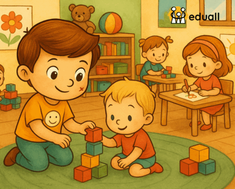 Ilustrace heterogenní třídy ve školce – starší předškolák Edáček pomáhá mladšímu dítěti při hře, ve třídě plné různorodých aktivit.