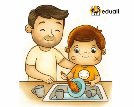 Ilustrace dítěte s PAS při nácviku domácích prací – Edáček myje nádobí za pomoci rodiče, v rámci nácviku utírání prachu podle Eduall.cz