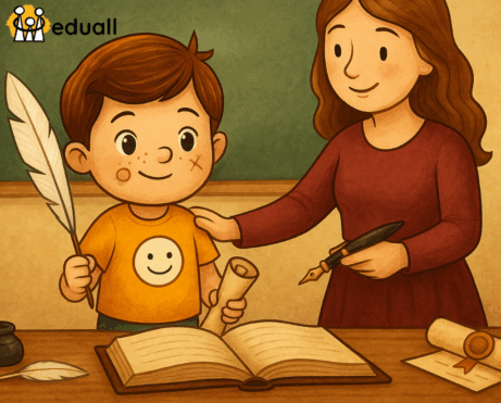 Chlapec ve školní třídě slavnostně pasován na písaře učitelkou, drží brk a svitek, před ním leží otevřená kniha a kalamář.