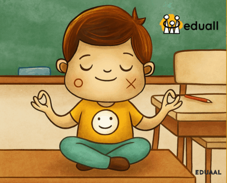 Ilustrace postavičky Edáčka, jak v klidu medituje ve třídě během relaxační pětiminutovky