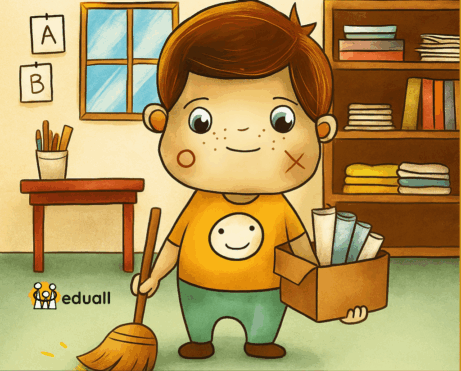 Ilustrace maskota Edáčka, jak uklízí a připravuje učebnu mateřské školy na nový školní rok, s krabicí pomůcek a koštětem.