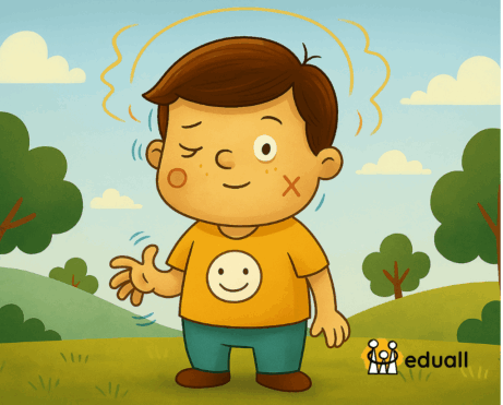 Ilustrace chlapce Edáčka s projevy Touretteova syndromu, stojícího na louce mezi stromy, kreslený přátelským dětským stylem.