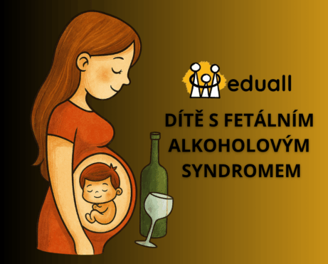 Ilustrace těhotné ženy s embryem Edáčka v bříšku a lahví vína jako symbol rizika fetálního alkoholového syndromu (FAS)