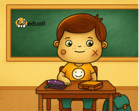 Ilustrace chlapce Edáčka sedícího v lavici první třídy s penálem, svačinovým boxem a aktovkou ve školní třídě.