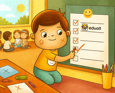 Děti ve školní družině tvoří pravidla na začátku školního roku – chlapec Edáček kreslí na plakát, v pozadí si spolu povídají kamarádi.