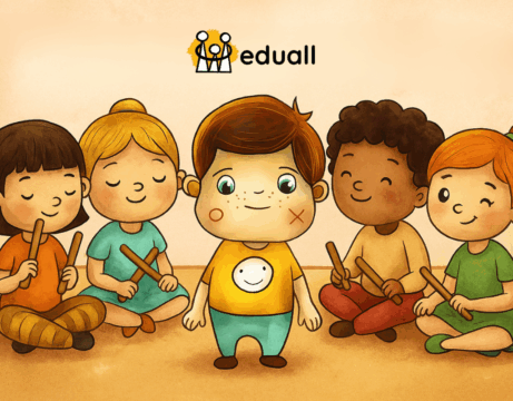 Ilustrace Edáčka a dětí hrajících na rytmické hudební nástroje ve třídě – hudební hry podporující rozvoj hudebních dovedností.