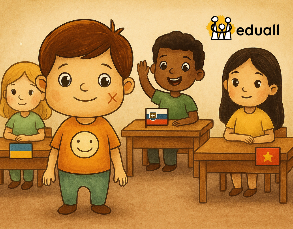 Ilustrace dětí v české škole s malými vlaječkami Česka, Ukrajiny, Slovenska a Vietnamu na lavicích, podpora bilingvních žáků.