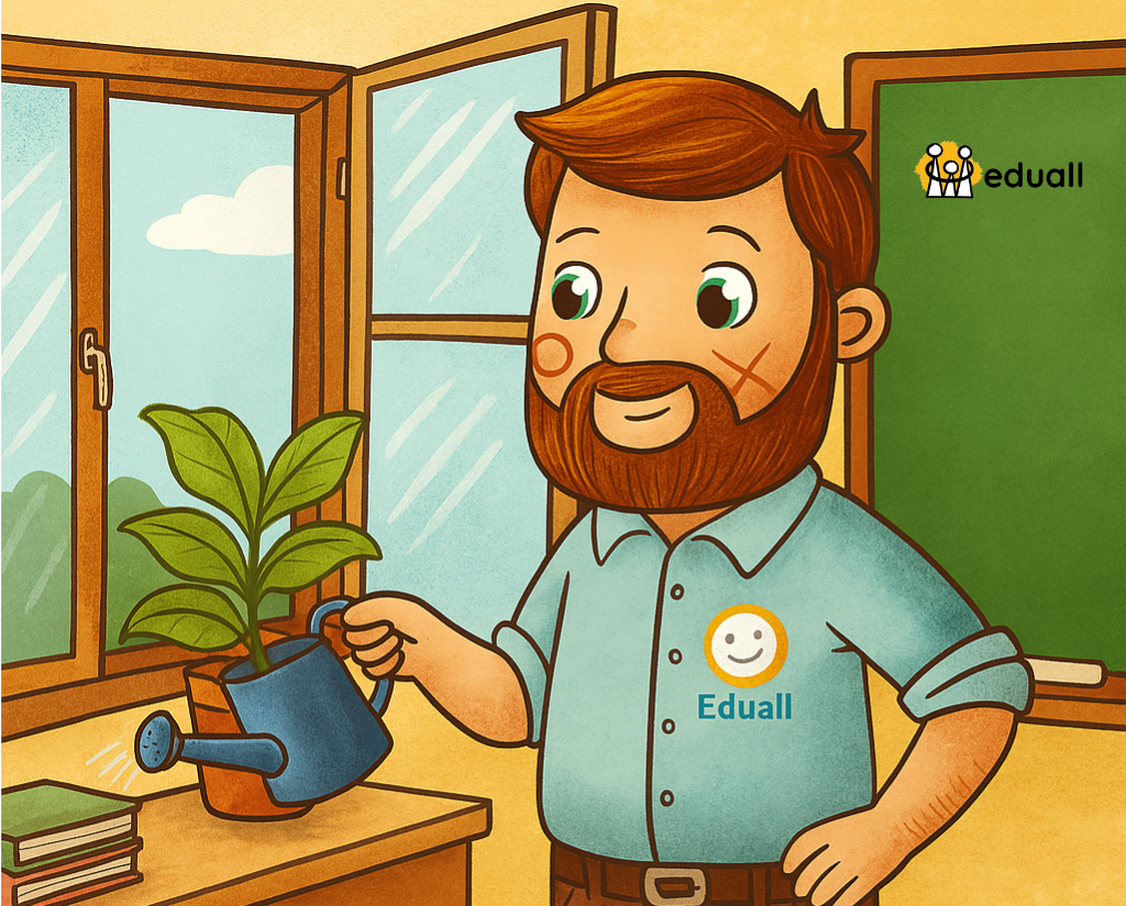 Ilustrovaný vychovatel ve školní družině zalévá květinu u otevřeného okna, připravuje prostředí pro nový školní rok.