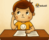 Ilustrace postavičky Edáčka sedícího za učitelským stolem s papíry, přemýšlí nad změnami ve školství od roku 2026.