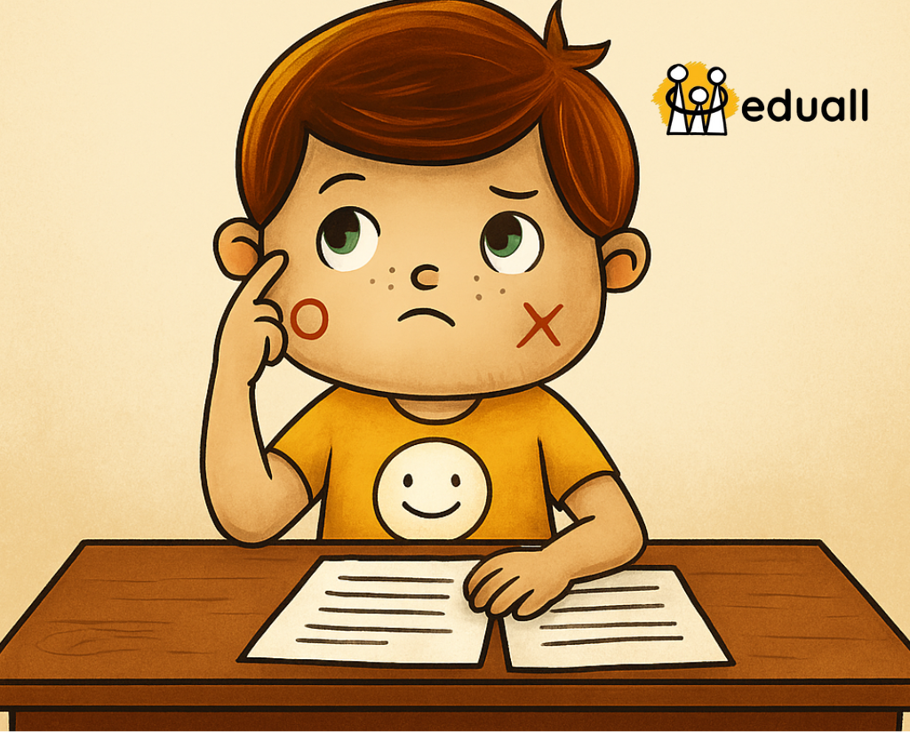 Ilustrace postavičky Edáčka sedícího za učitelským stolem s papíry, přemýšlí nad změnami ve školství od roku 2026.