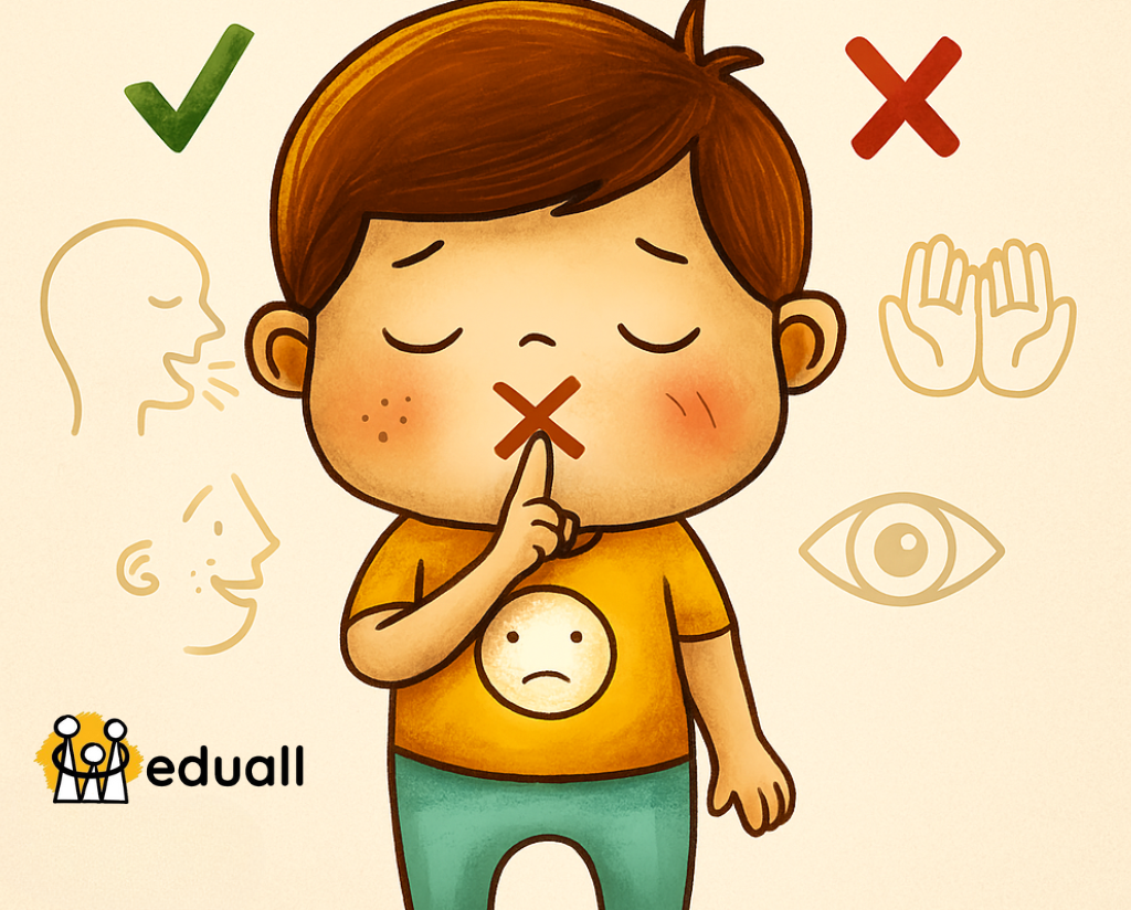Ilustrační obrázek chlapce Edáčka, který si ukazuje na ústa jako znak mlčení, obklopený symboly neverbální komunikace – gesta, mimika, oční kontakt. Edukativní grafika k článku o neverbální komunikaci u dětí.