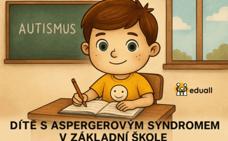 Ilustrace chlapce Edáčka sedícího ve třídě základní školy, obklopeného spolužáky. Obrázek symbolizuje dítě s Aspergerovým syndromem a jeho začlenění do školního prostředí.