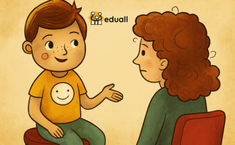 Ilustrace Edáčka v roli pedagoga, který mluví s rodičem v přátelském prostředí. Symbolizuje podporu a vysvětlování smyslu speciálně pedagogické diagnostiky.