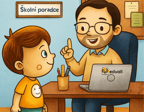 Ilustrace školního poradce v kanceláři, který pomáhá dítěti – Eduall