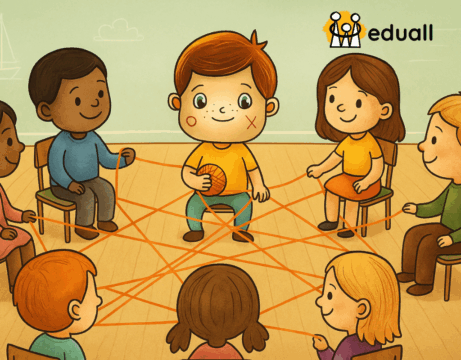 Děti sedí v kruhu na židličkách a propojují se klubkem vlny při seznamovací aktivitě Pavoučí síť