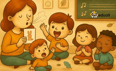 Ilustrace dětí a učitelky v mateřské škole při logopedické chvilce – foukání, jazyková gymnastika a hravá cvičení na rozvoj řeči