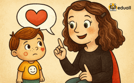 Ilustrace učitelky a chlapce Edáčka při rozhovoru o duševní hygieně – v bublině se objevuje srdce jako symbol péče a emocí