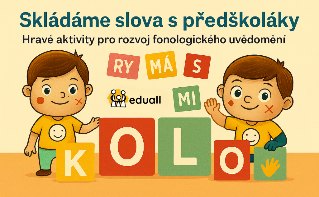Ilustrace dvou postaviček Edáčka, které skládají slova z barevných písmenkových kostek. Obrázek podporuje rozvoj fonologického uvědomění u předškoláků.