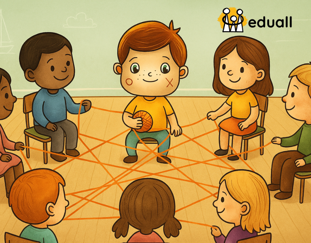 Děti sedí v kruhu na židličkách a propojují se klubkem vlny při seznamovací aktivitě Pavoučí síť