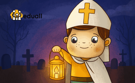 Originální digitální ilustrace Edáčka, maskota Eduall, jako svatého Martina s lucerničkou v ruce. Na pozadí se objevuje podzimní večerní scéna s jemným náznakem hřbitova a světélky dušičkových svíček, symbolizující propojení svátků svatého Martina a Památky zesnulých.