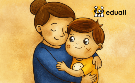 Digitální ilustrace Edáčka s pěstounem – symbol bezpečné vazby mezi dítětem a dospělým