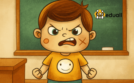 Ilustrace Edáčka ve třídě jako dítěte s náročným chováním, které působí rušivě na spolužáky i učitele, symbolizující téma podpory žáků s obtížným chováním ve vzdělávání.