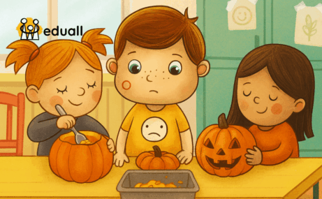 Děti v mateřské škole s Edáčkem při dlabání dýní během projektového dne na téma Podzimní strašidýlka.