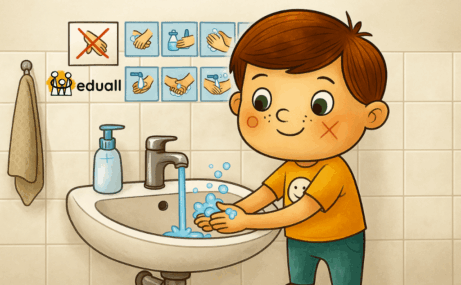 Edáček si myje ruce u umyvadla ve školní koupelně s obrázkovým návodem, jak správně postupovat při mytí rukou. Ilustrace symbolizuje strukturalizaci a vizualizaci jako podporu pro děti se specifickými vzdělávacími potřebami.